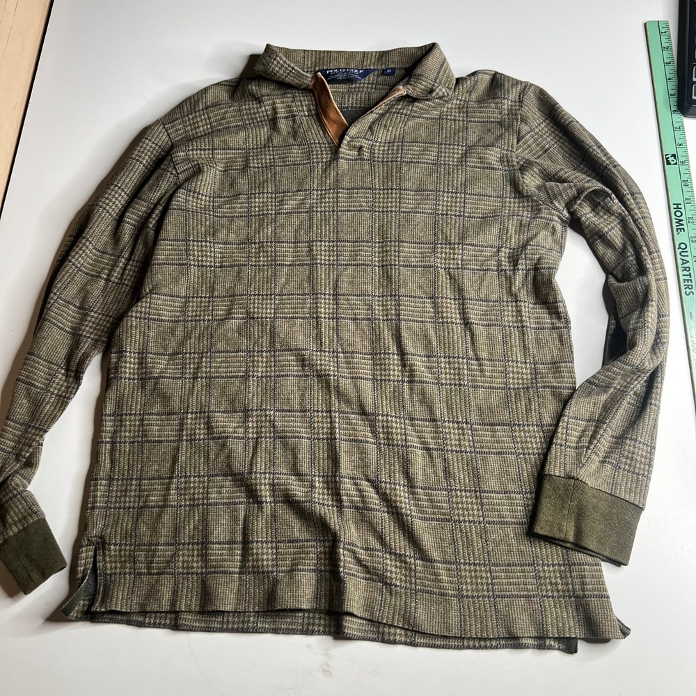 Polo Golf Ralph Lauren Mens Medium Olive Green Plaid Pima Cotton Alpaca Polo